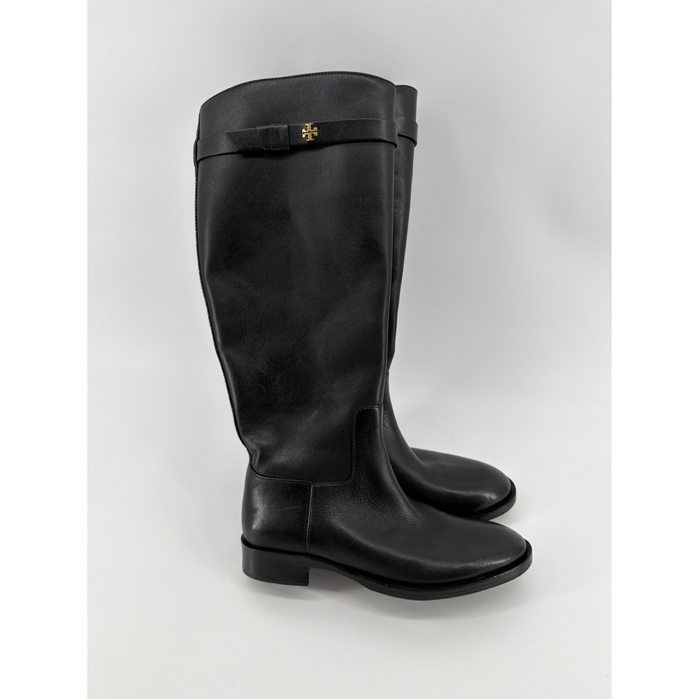 Tory Burch‎ Black Leather Tall Riding Boots Gold Logo Buckle 6W 139174